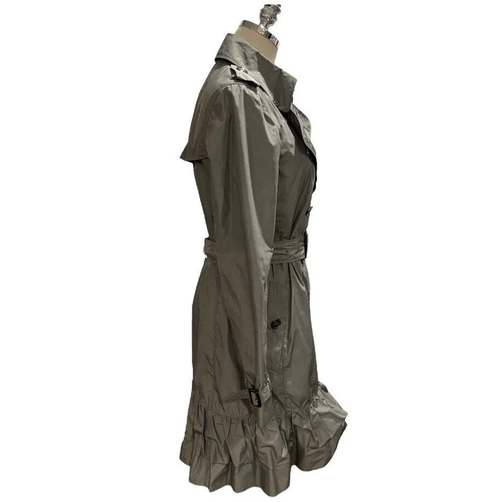 Burberry London Double Breasted Belted Gray Green Ruffled Trench Coat Sz US 6 - Picture 3 of 16